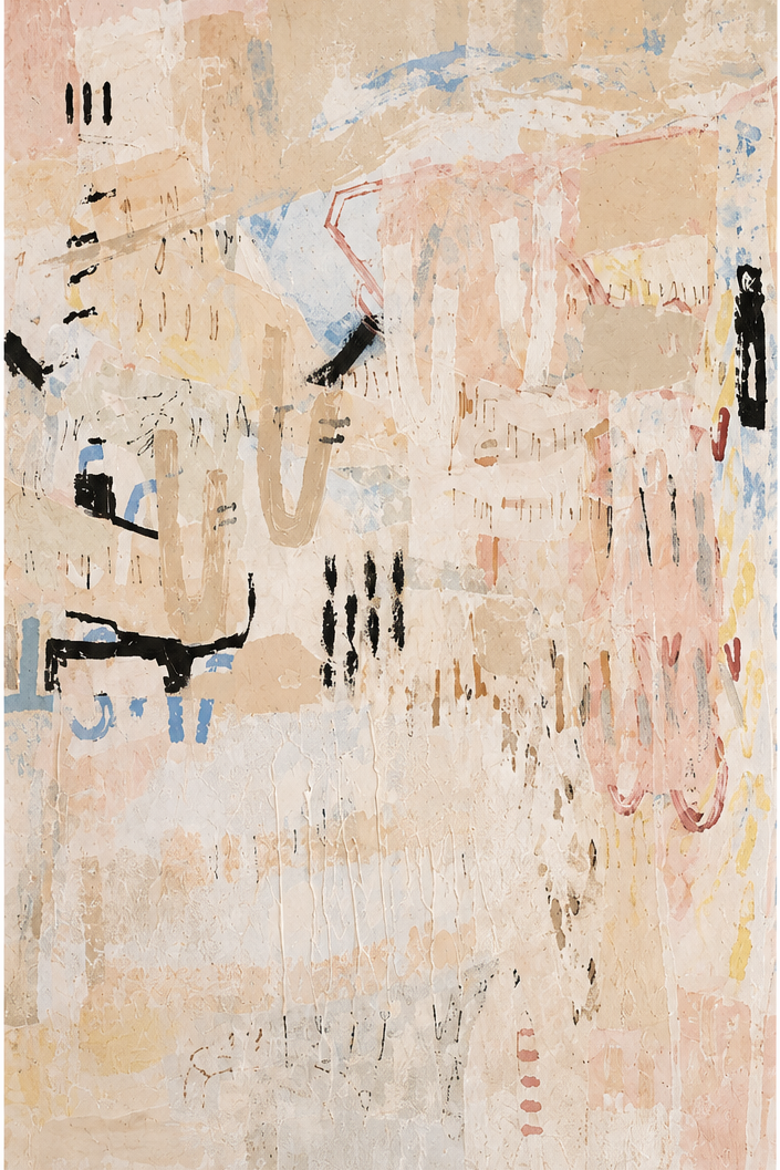 An abstract art color palette rendering sheet featuring a large central artwork sample, a vertical color chart on the right with labeled swatches, and explanatory notes and texture examples at the bottom.