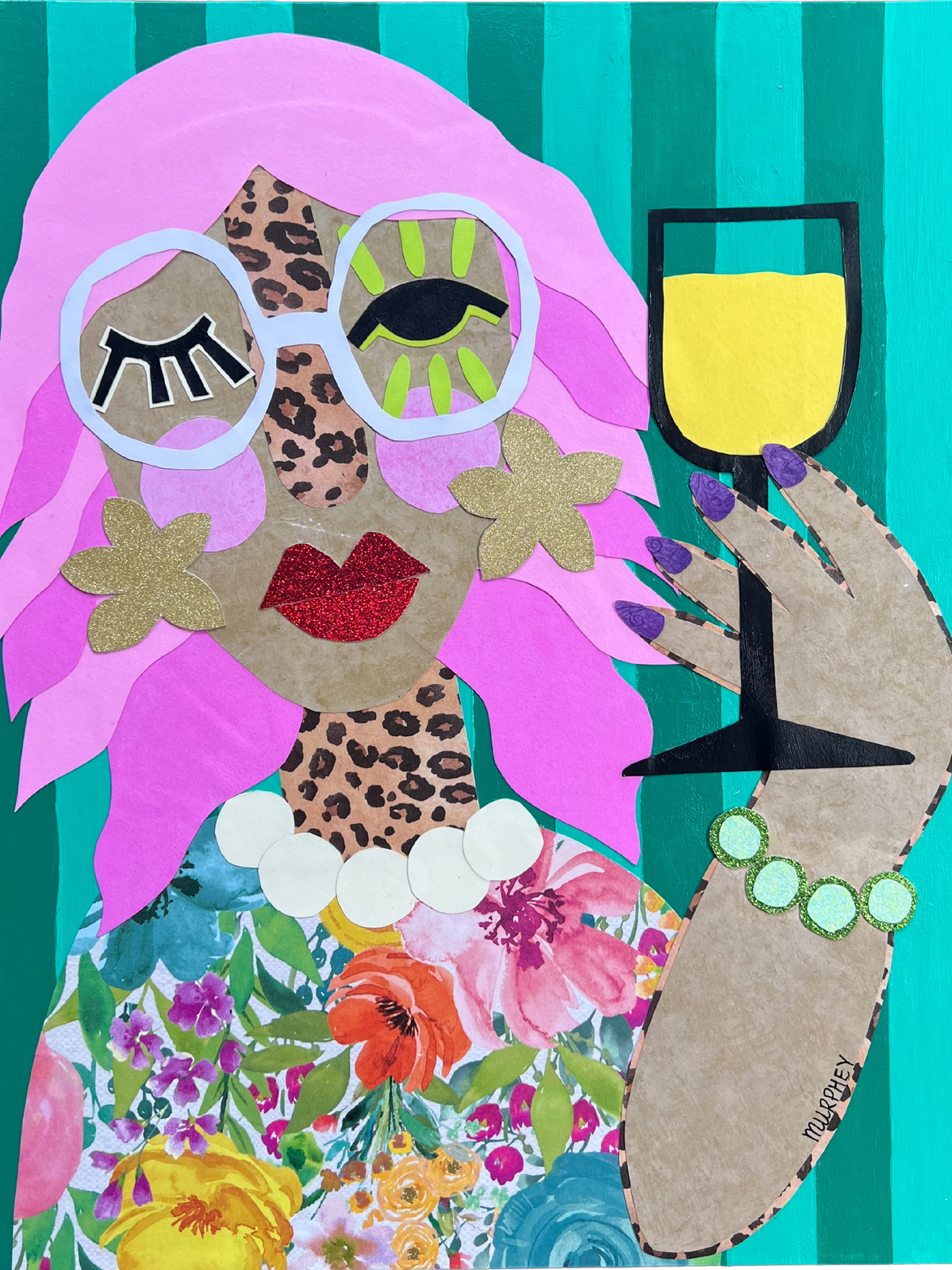 A colorful pop-art style collage artwork of a woman with bright pink hair, leopard-print nose, a floral dress, and a hand holding a glass of white wine, set against painted teal vertical stripes.