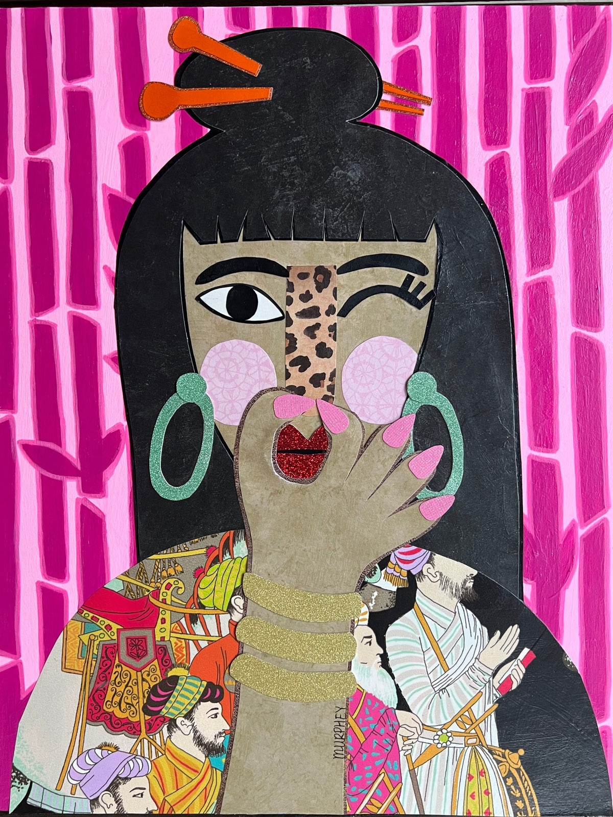 A mixed-media collage artwork of a stylized woman with black hair, pink background elements, and multicolored details. She's plugging her nose to indicate something is smelly.