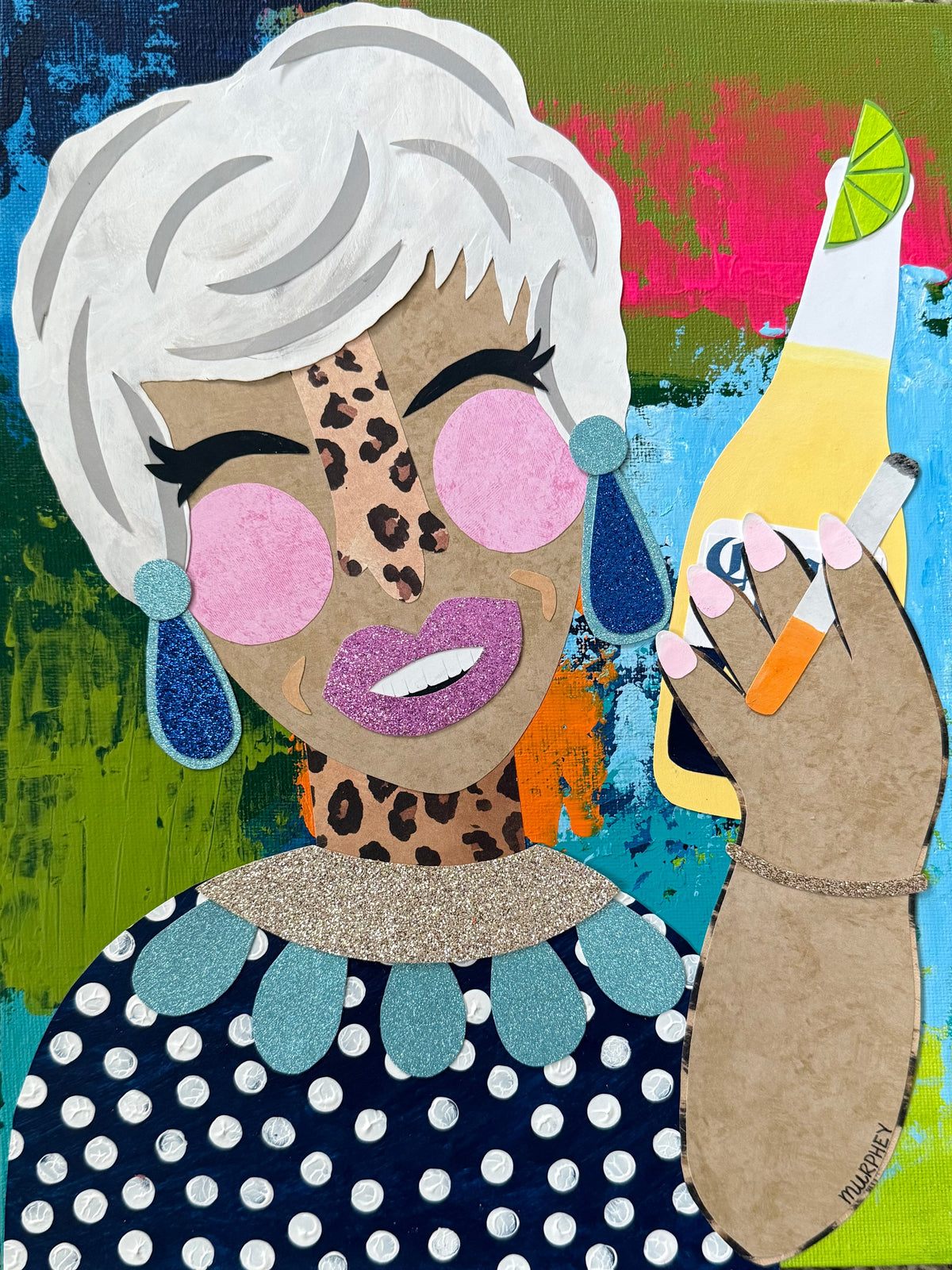 A colorful mixed-media portrait of a woman with white hair, leopard print nose, bright pink cheeks, and a polka-dot top, shown on an abstract painted canvas.