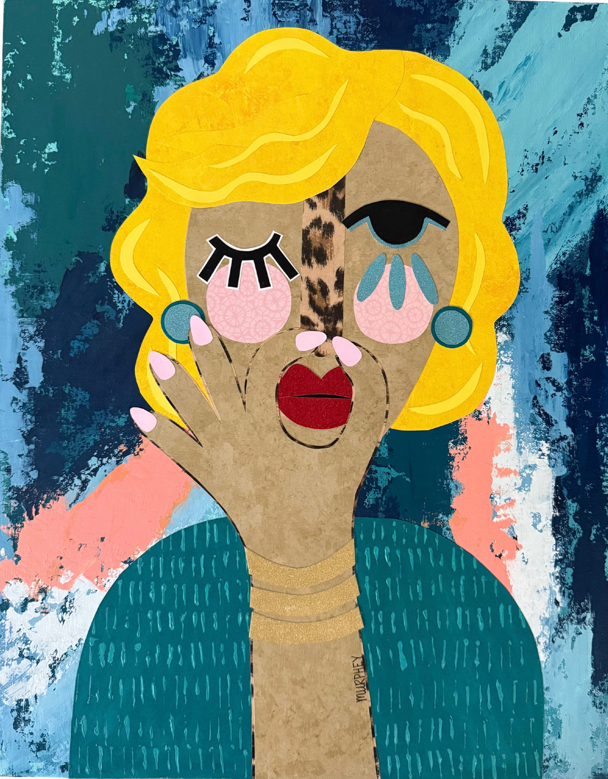 A stylized pop-art portrait piece of art of a woman with bright yellow hair, one closed eye with black lashes, one open eye with blue tears, pink cheeks, red lips, and a leopard-print nose. She wears a teal top against an abstract painted background in teal, navy, white, and coral.